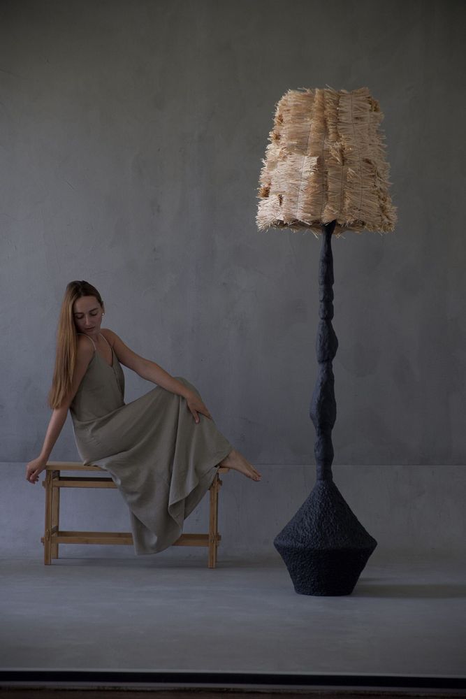 Floor lamps - Stozhar – Sculptural Floor Lamp with Raffia Shade & Biocomposite Base - PLETOSTUDIO