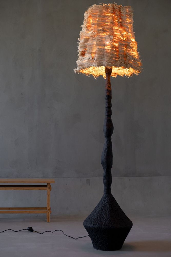 Floor lamps - Stozhar – Sculptural Floor Lamp with Raffia Shade & Biocomposite Base - PLETOSTUDIO