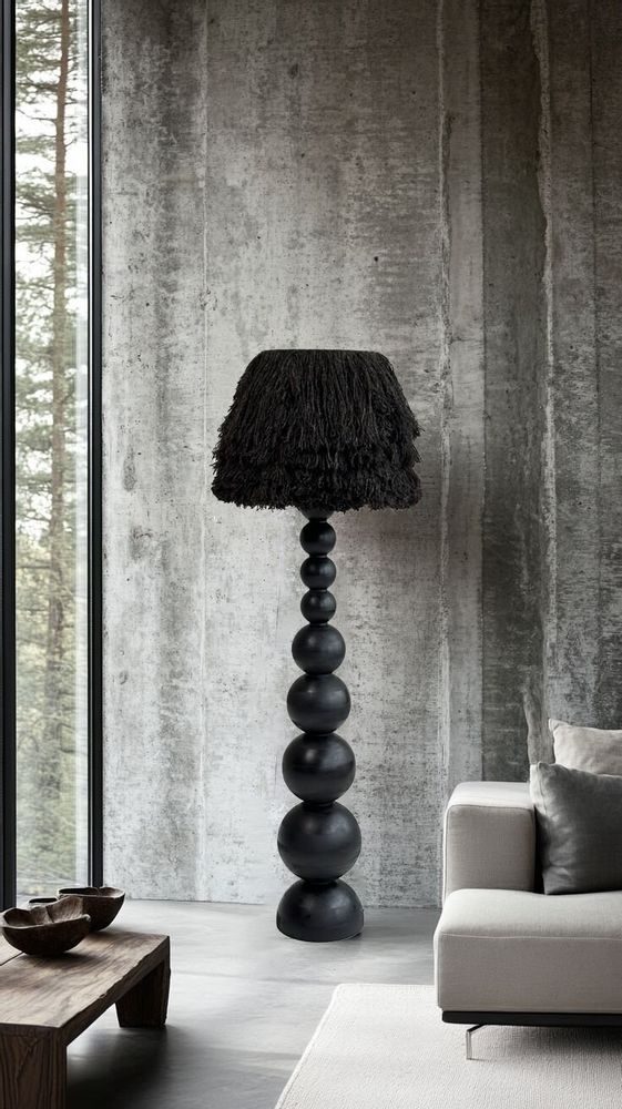 Lampadaires - Lampadaire WABI Japandi — Bois et laine carbonisés faits à la main - PLETOSTUDIO