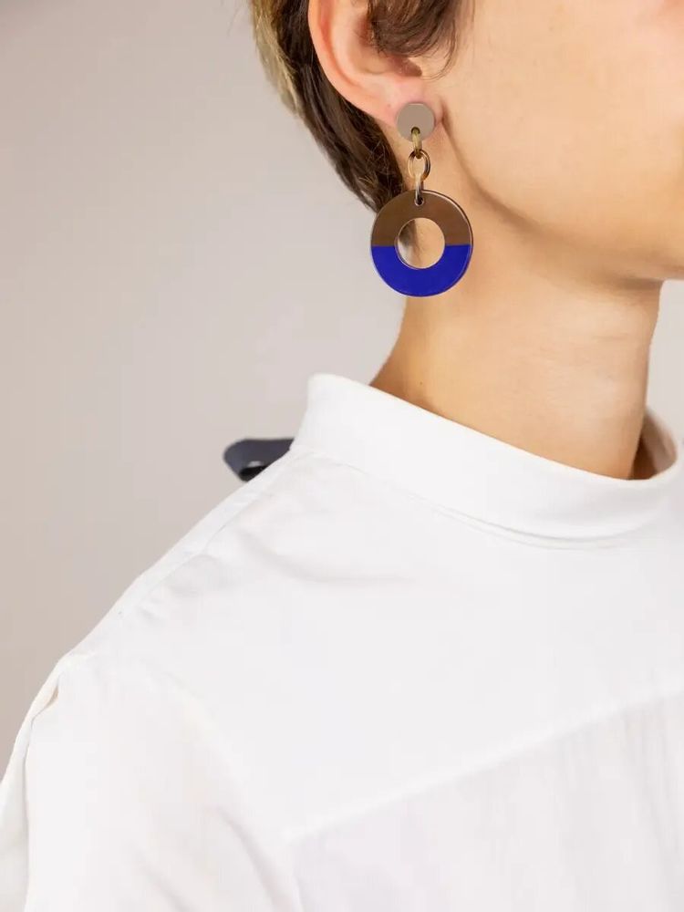 Bijoux - Boucles d'oreilles anneau large laqué orange et gris-bleu - L INDOCHINEUR X RIVÊT