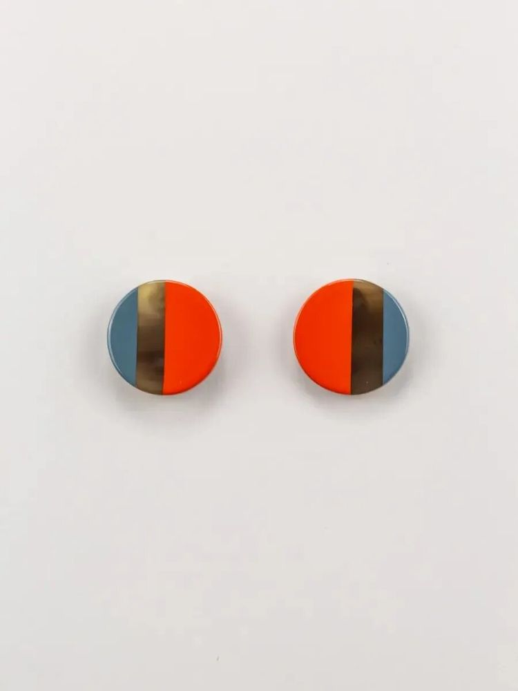 Bijoux - Boucles d'oreilles clip disque laqué bicolore orange et gris-bleu - L INDOCHINEUR X RIVÊT