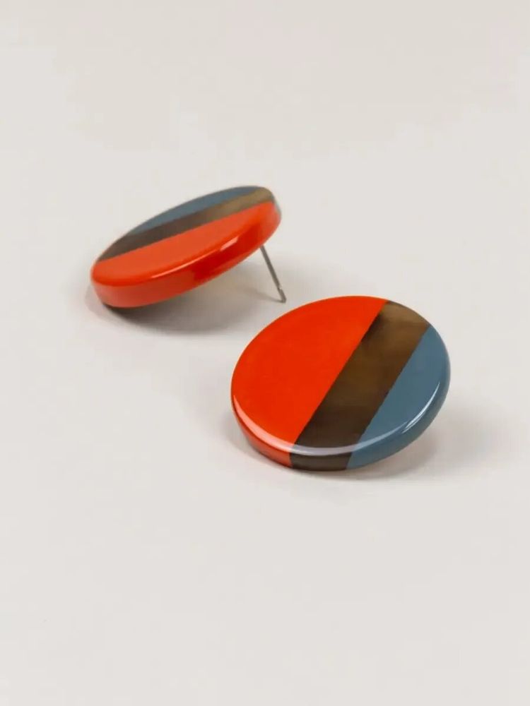 Bijoux - Boucles d'oreilles clip disque laqué bicolore orange et gris-bleu - L INDOCHINEUR X RIVÊT