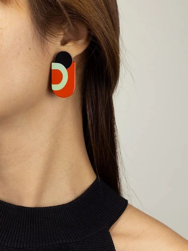 Bijoux - Boucles d'oreilles Dédale en corne noire et laque orange et verte - L INDOCHINEUR X RIVÊT