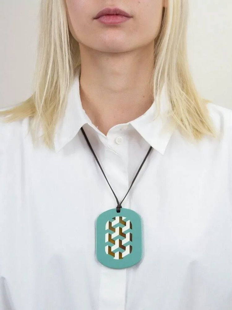 Jewelry - Oval Tresse Pendant with petrol green and yellow lacquer - L INDOCHINEUR X RIVÊT