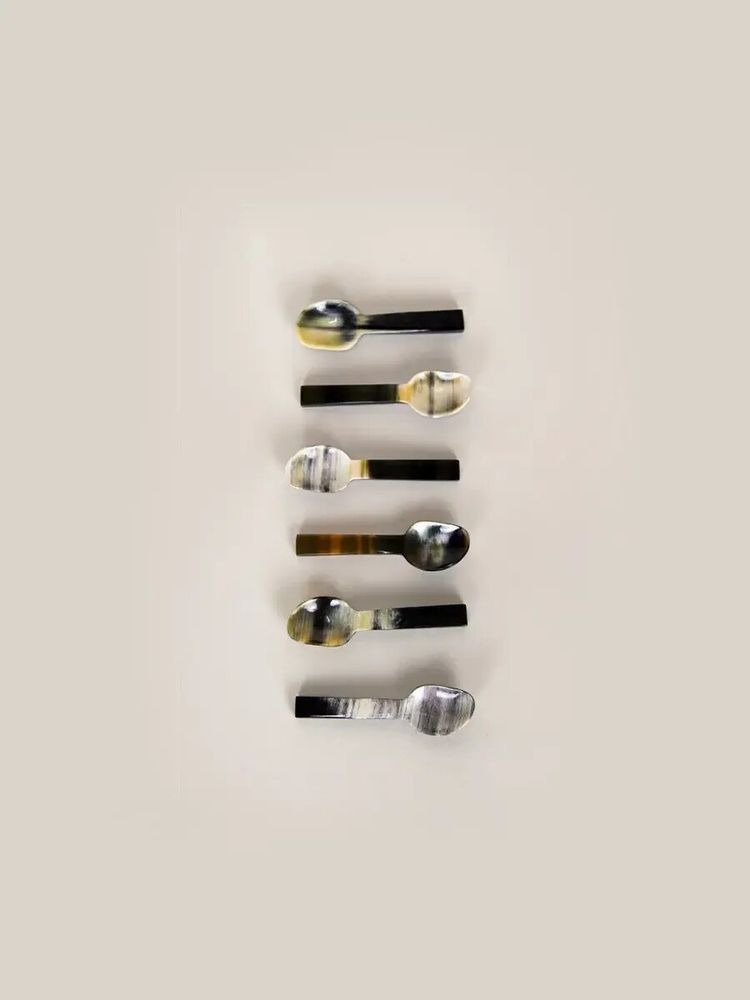 Couverts & ustensiles de cuisine - Set de 6 cuillères à sel en corne noire avec manche laqué bleu - L INDOCHINEUR X RIVÊT
