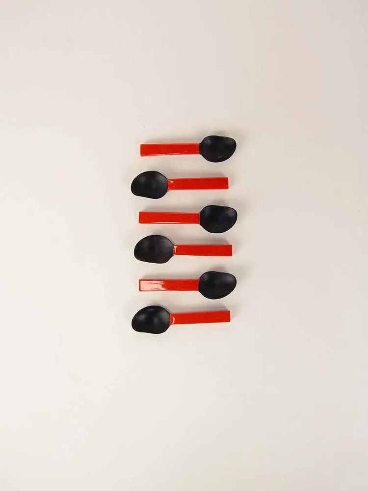 Couverts & ustensiles de cuisine - Set de 6 cuillères à sel en corne noire avec manche laqué bleu - L INDOCHINEUR X RIVÊT