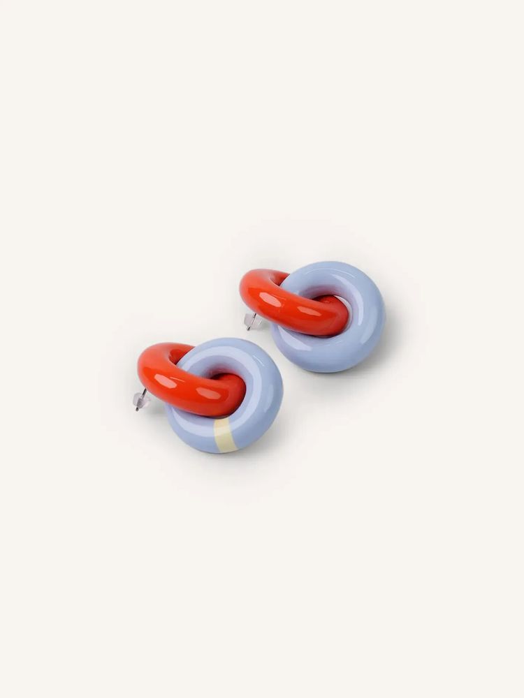 Jewelry - Double round wooden stud earrings, light blue, dark blue and orange lacquer - L INDOCHINEUR X RIVÊT