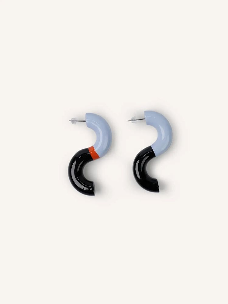 Jewelry - S-shaped wooden stud earrings, dark blue, orange and light blue lacquer - L INDOCHINEUR X RIVÊT