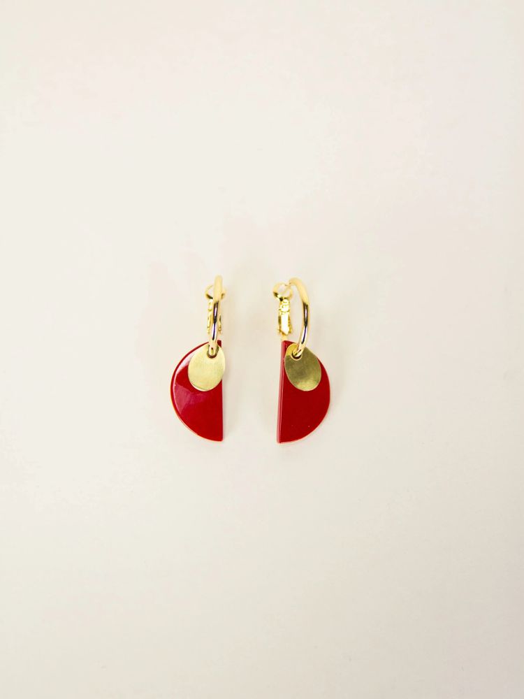 Jewelry - Croisant brass hoop earrings in 2 parts with red lacquered horn - L INDOCHINEUR X RIVÊT
