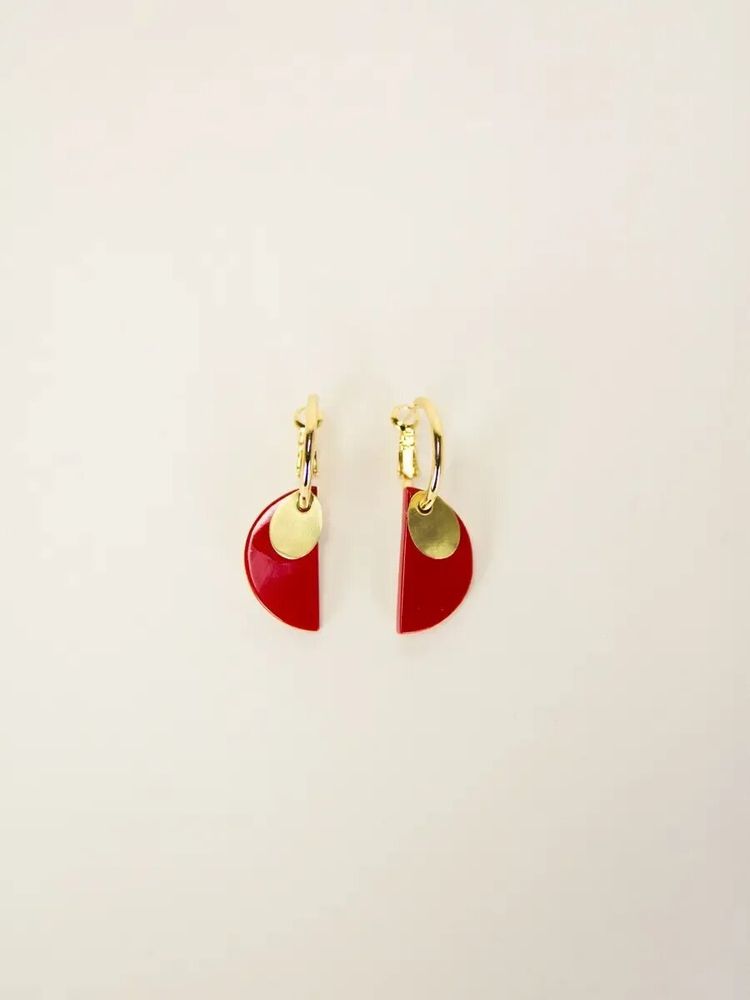 Jewelry - Croisant brass hoop earrings in 2 parts with red lacquered horn - L INDOCHINEUR X RIVÊT