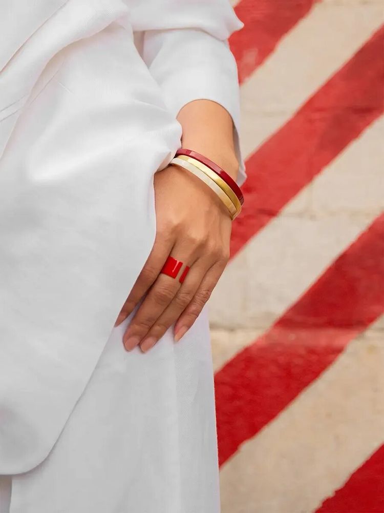 Bracelets - Set of 3 bracelets in blond horn, red lacquer and brass, size L - L INDOCHINEUR X RIVÊT