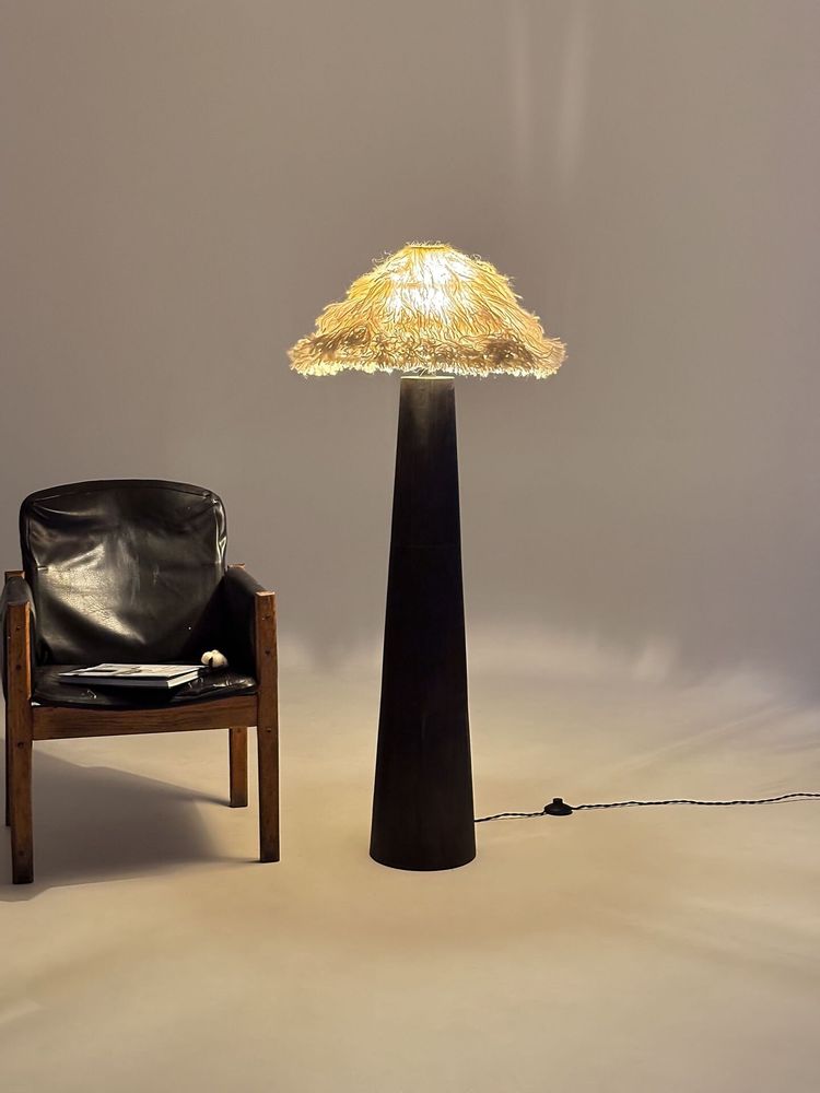 Floor lamps - Sazha Ivory Floor Lamp – Shou Sugi Ban Wood & Wool Shade - PLETOSTUDIO
