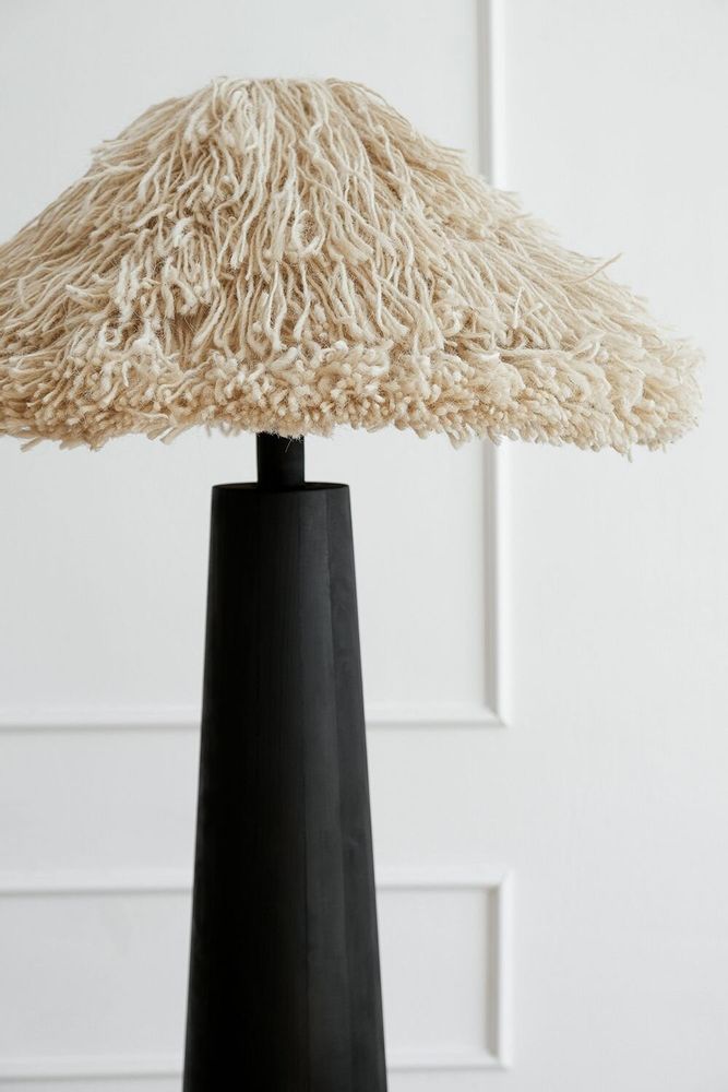 Floor lamps - Sazha Ivory Floor Lamp – Shou Sugi Ban Wood & Wool Shade - PLETOSTUDIO