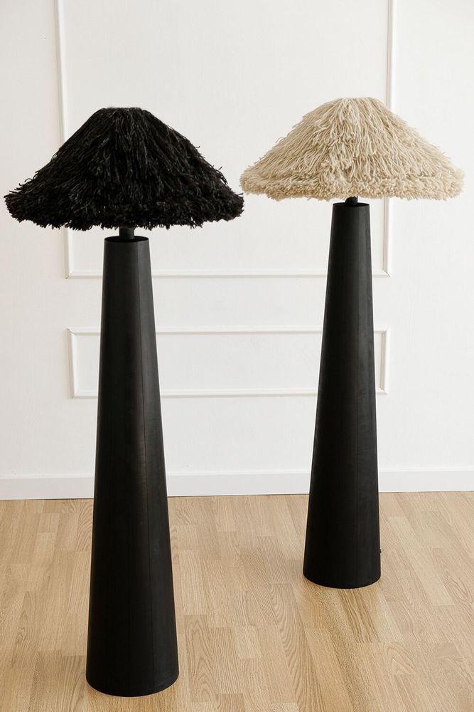 Floor lamps - Sazha Ivory Floor Lamp – Shou Sugi Ban Wood & Wool Shade - PLETOSTUDIO