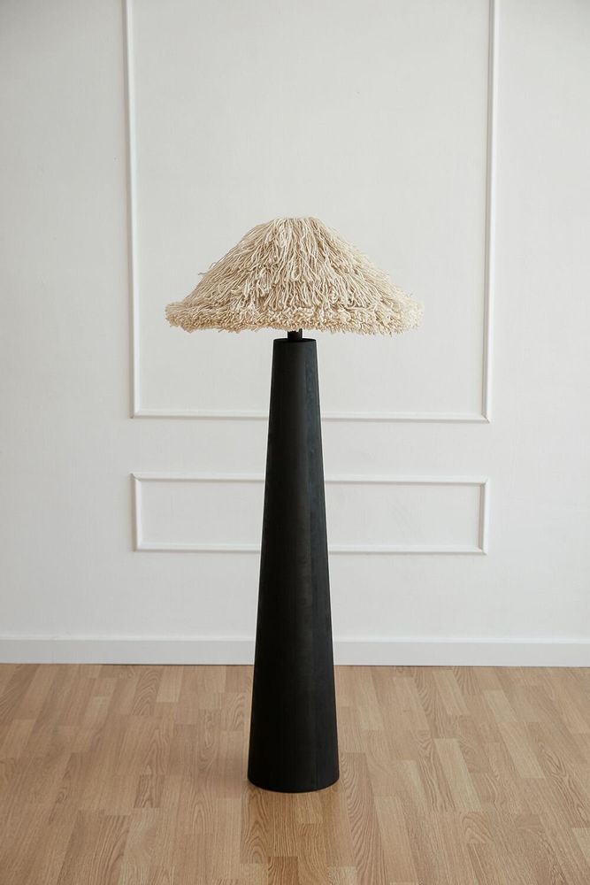 Floor lamps - Sazha Ivory Floor Lamp – Shou Sugi Ban Wood & Wool Shade - PLETOSTUDIO