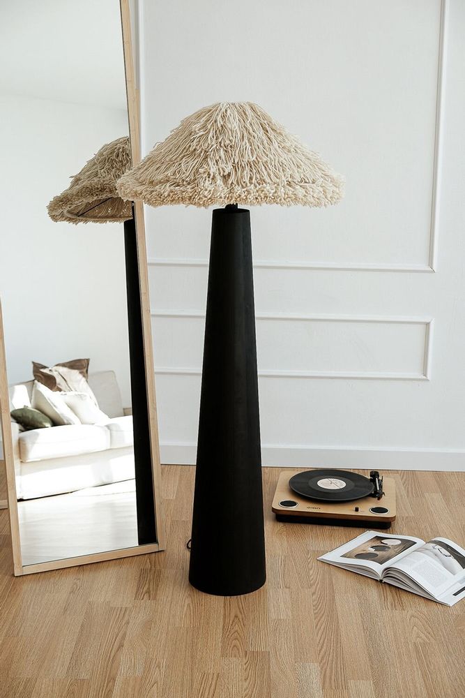 Floor lamps - Sazha Ivory Floor Lamp – Shou Sugi Ban Wood & Wool Shade - PLETOSTUDIO