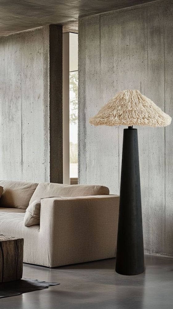 Floor lamps - Sazha Ivory Floor Lamp – Shou Sugi Ban Wood & Wool Shade - PLETOSTUDIO