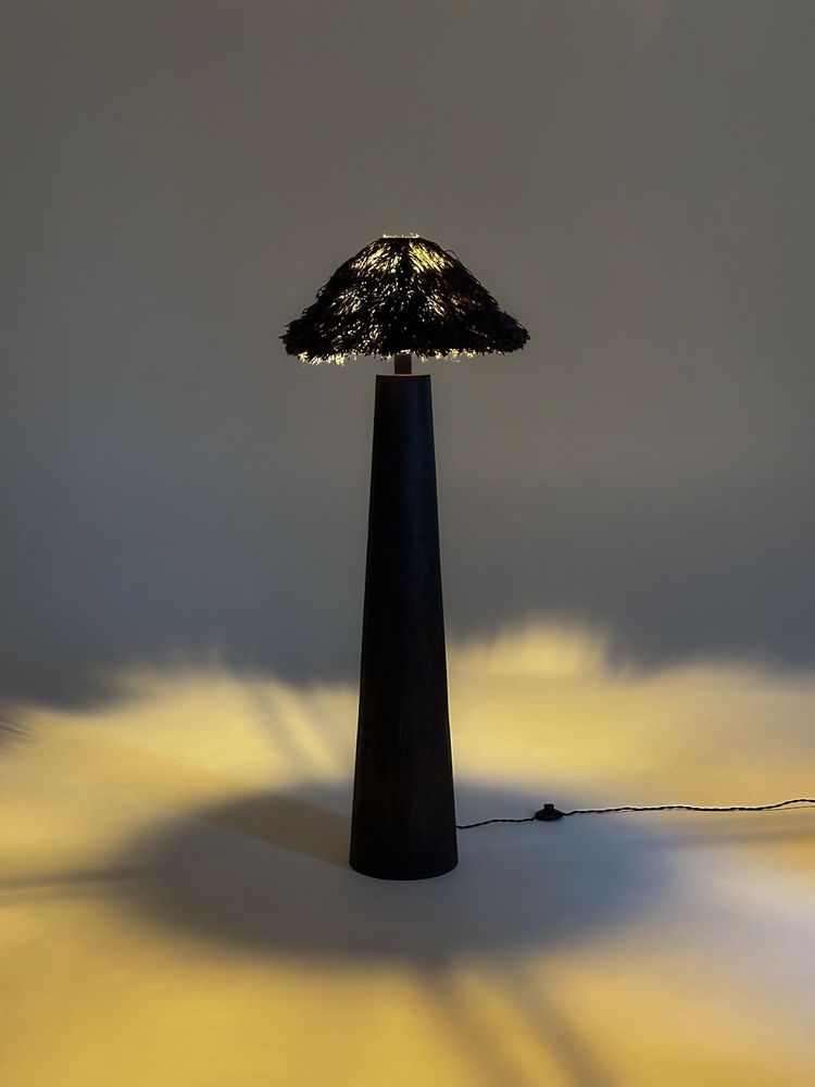 Floor lamps - Sazha Black Floor Lamp – Shou Sugi Ban Base & Wool Shade - PLETOSTUDIO