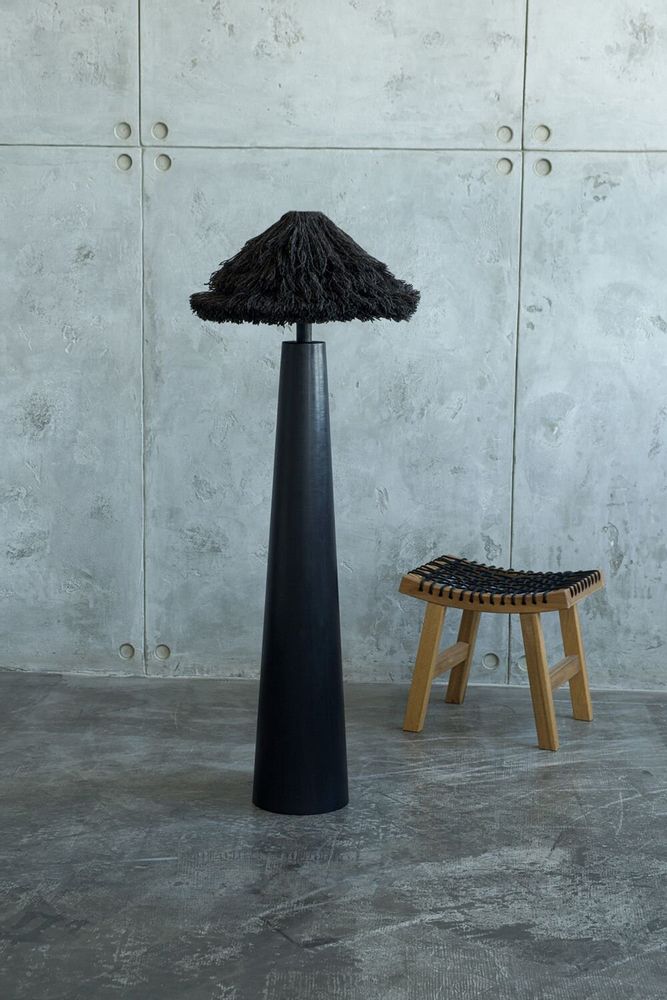 Floor lamps - Sazha Black Floor Lamp – Shou Sugi Ban Base & Wool Shade - PLETOSTUDIO