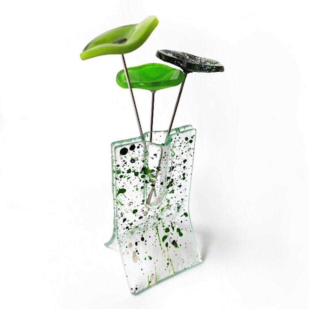 Vases - Petit vase tacheté blanc-vert-bleu de 8x13 cm avec 3 petites fleurs - CARNEOL GLASS