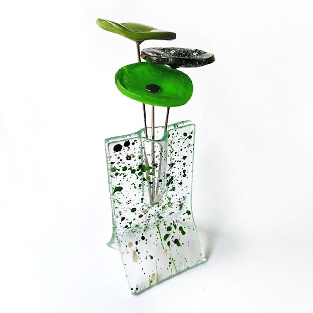 Vases - Petit vase tacheté blanc-vert-bleu de 8x13 cm avec 3 petites fleurs - CARNEOL GLASS