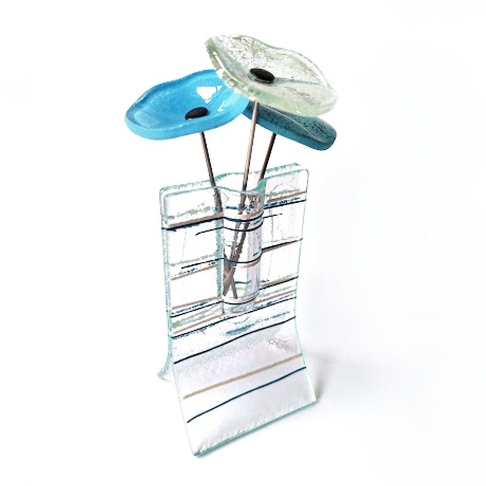 Vases - Small 8X13 Cm Striped Vase with 3 Small Flowers In L.Blue-White - CARNEOL GLASS