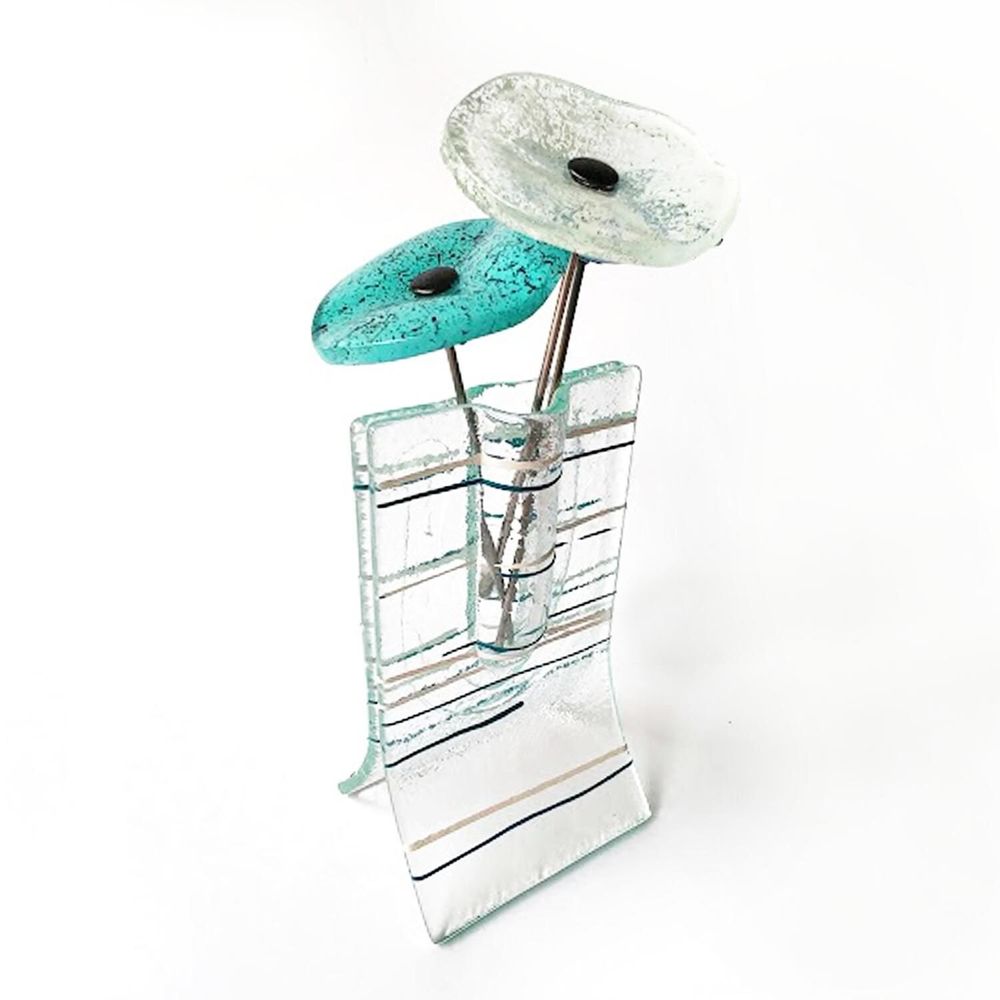 Vases - Small 8X13 Cm Striped Vase with 3 Small Flowers In L.Blue-White - CARNEOL GLASS