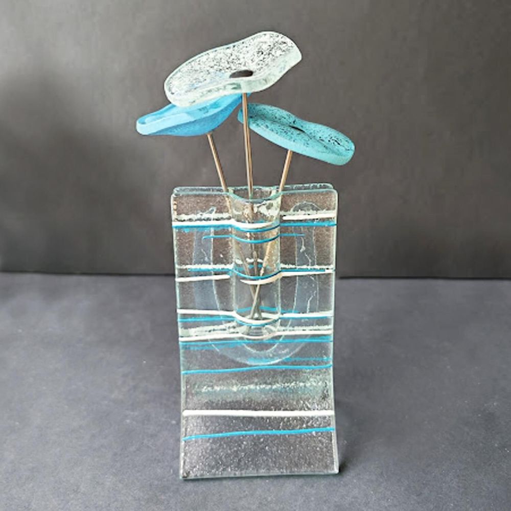 Vases - Small 8X13 Cm Striped Vase with 3 Small Flowers In L.Blue-White - CARNEOL GLASS