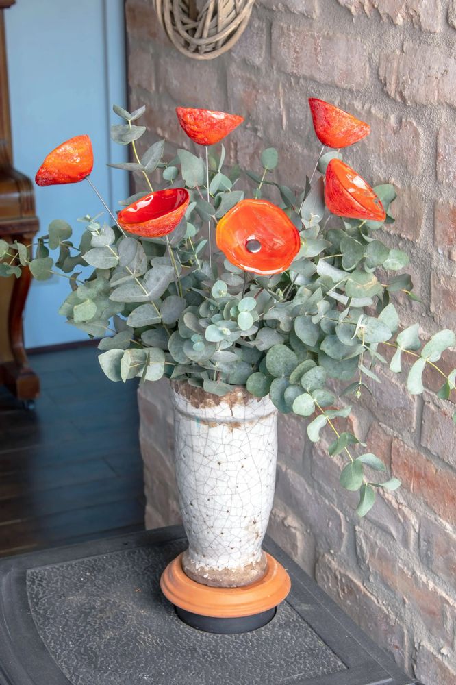 Floral decoration - Medium -sized glass calabel flower for outdoor in orange colour with 43 cm stainless steel stem. - CARNEOL GLASS
