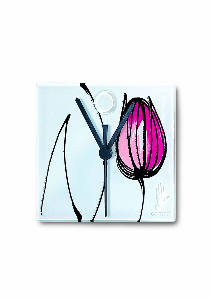 Clocks - Tulip wall clock with fuscia tulips 13x13 cm - CARNEOL GLASS