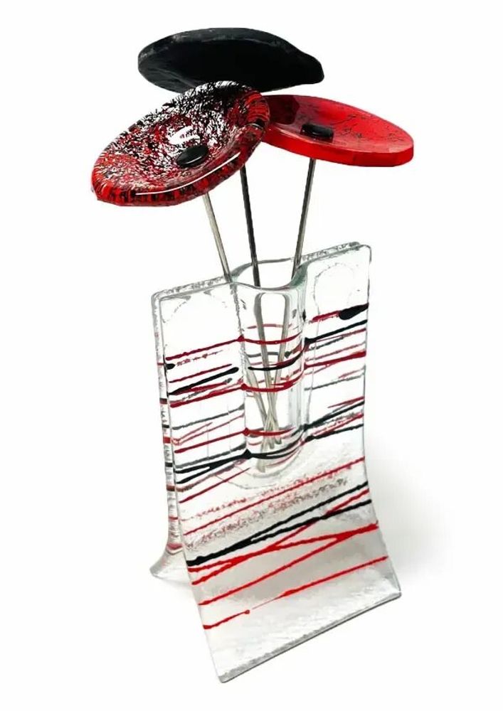 Vases - Vase à rayures rouge-noir et avec 3 petites fleurs - CARNEOL GLASS