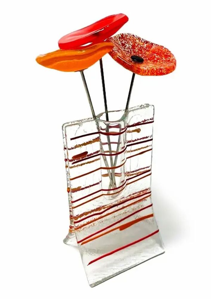 Vases - Small transparent vase with red-orange stripes with flowers - CARNEOL GLASS