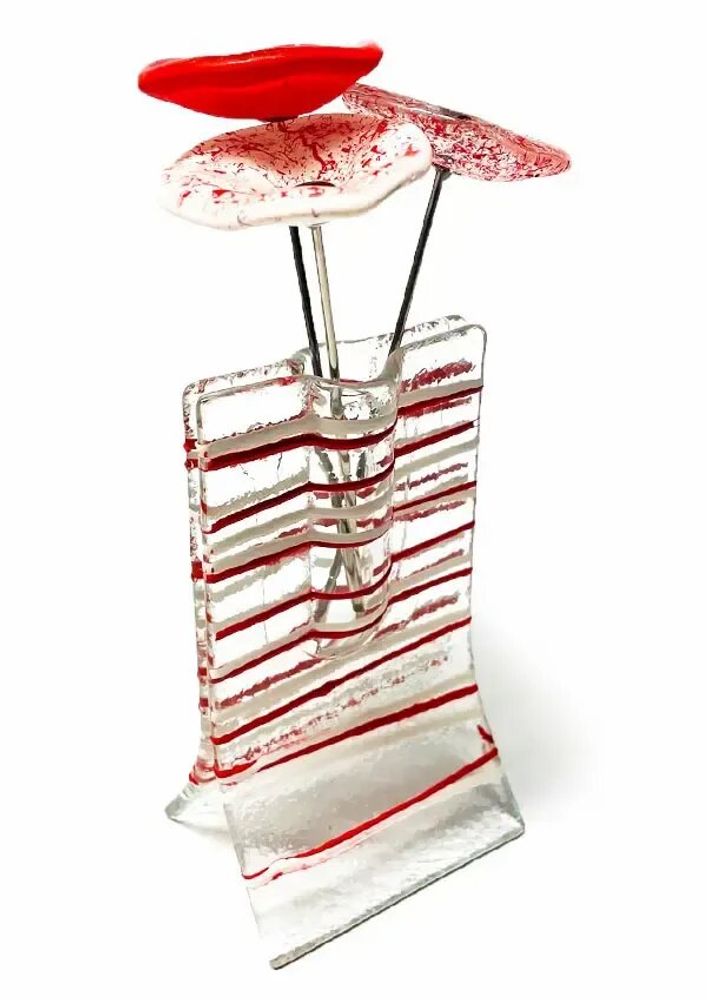 Vases - Petit vase transparent 8x13 cm à rayures rouges et blanches et avec 3 petites fleurs - CARNEOL GLASS