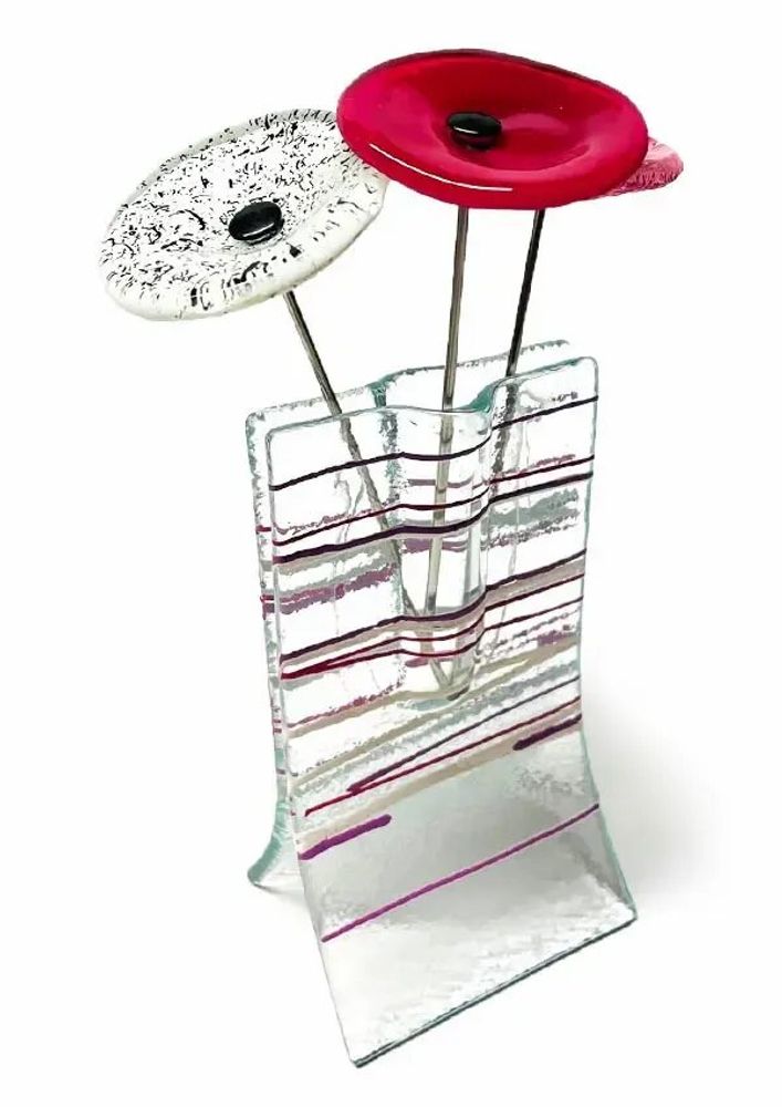Vases - Small transparent 8x13 cm vase with fuscia-white-violet stripes and with 3 small flowers - CARNEOL GLASS
