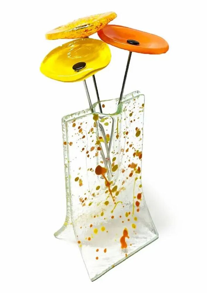 Vases - Petit vase transparent tacheté jaune-orange 8x13 cm avec 3 petites fleurs - CARNEOL GLASS