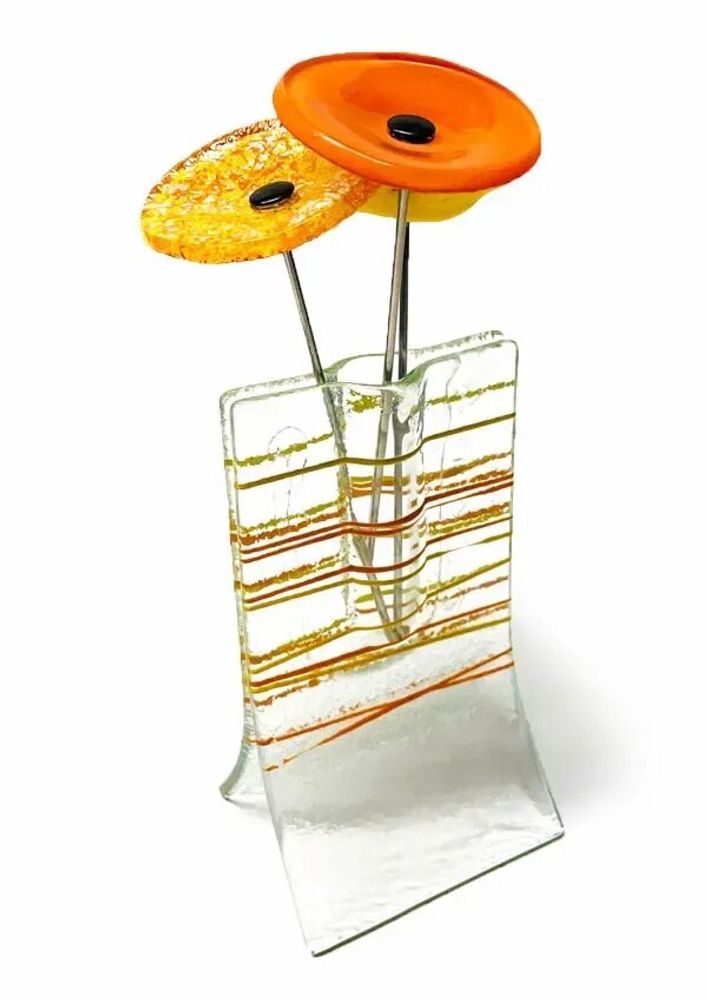 Vases - Small transparent 8x13 cm vase with orange-yellow stripes and with 3 small flowers - CARNEOL GLASS