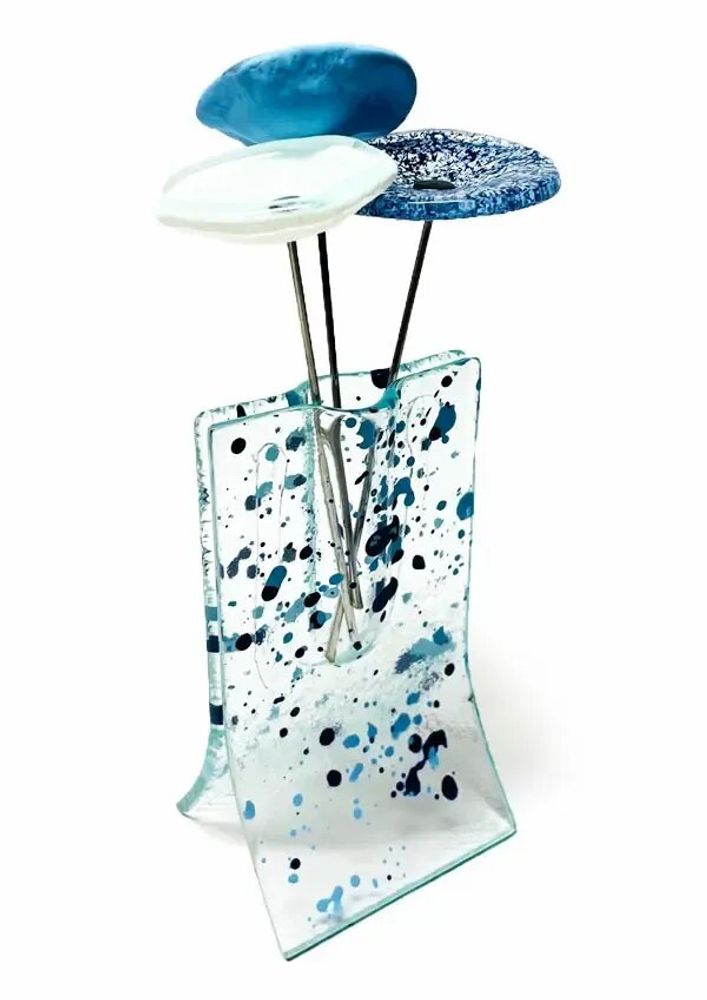 Vases - Light blue-dark blue spotty vase with 3 small flowers - CARNEOL GLASS