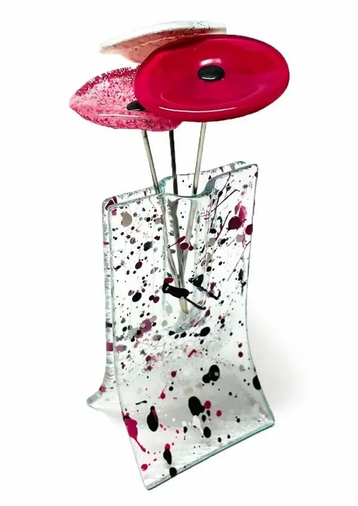 Vases - Small transparent 8x13 cm fuscia-white-black spotty vase with 3 small flowers - CARNEOL GLASS