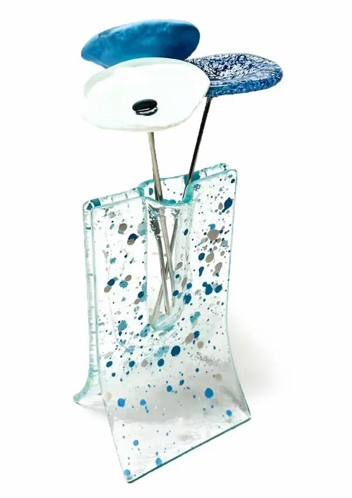 Vases - Small transparent 8x13 cm light blue-white spotty vase with 3 small flowers - CARNEOL GLASS