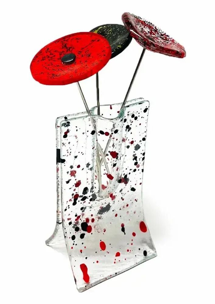 Vases - Red-black spotty vase with 3 small flowers - CARNEOL GLASS