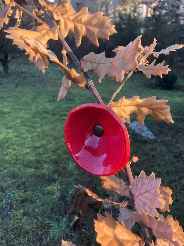 Décorations florales - Fleur de calebasse en verre de taille moyenne pour l'extérieur de couleur rouge-noir avec tige en acier inoxydable de 43 cm. - CARNEOL GLASS