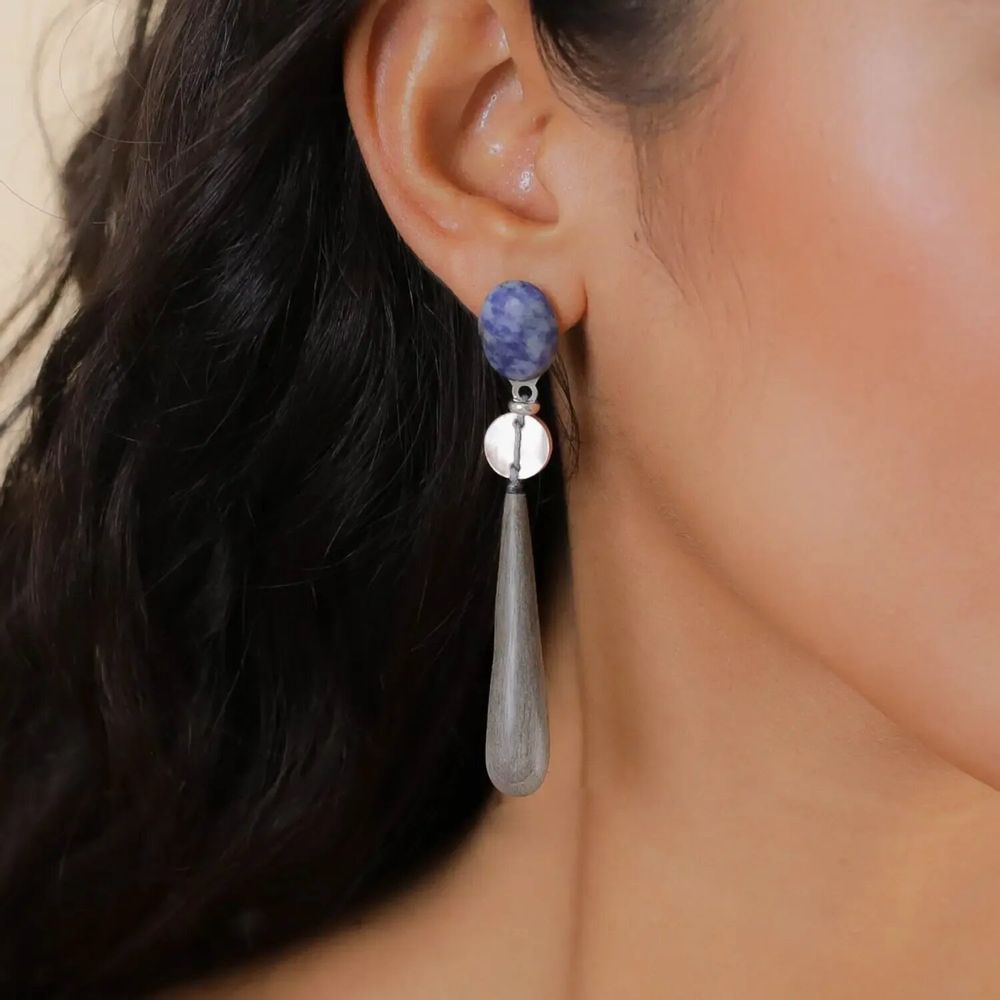 Bijoux - Boucles d'oreilles poussoir pendent goutte ébène gris - Skala - NATURE BIJOUX