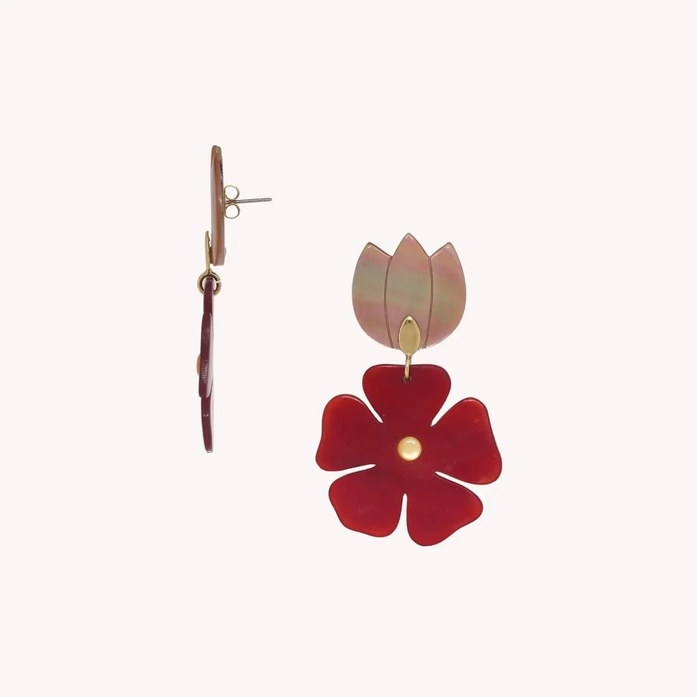 Jewelry - Brown lip post earrings with red flower pendant - Son Jardin - NATURE BIJOUX