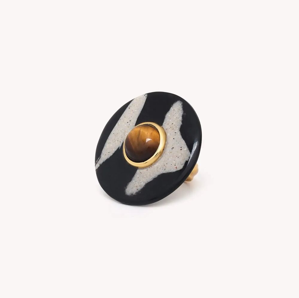 Bijoux - Bague ajustable corne noire ronde - Zebra - NATURE BIJOUX