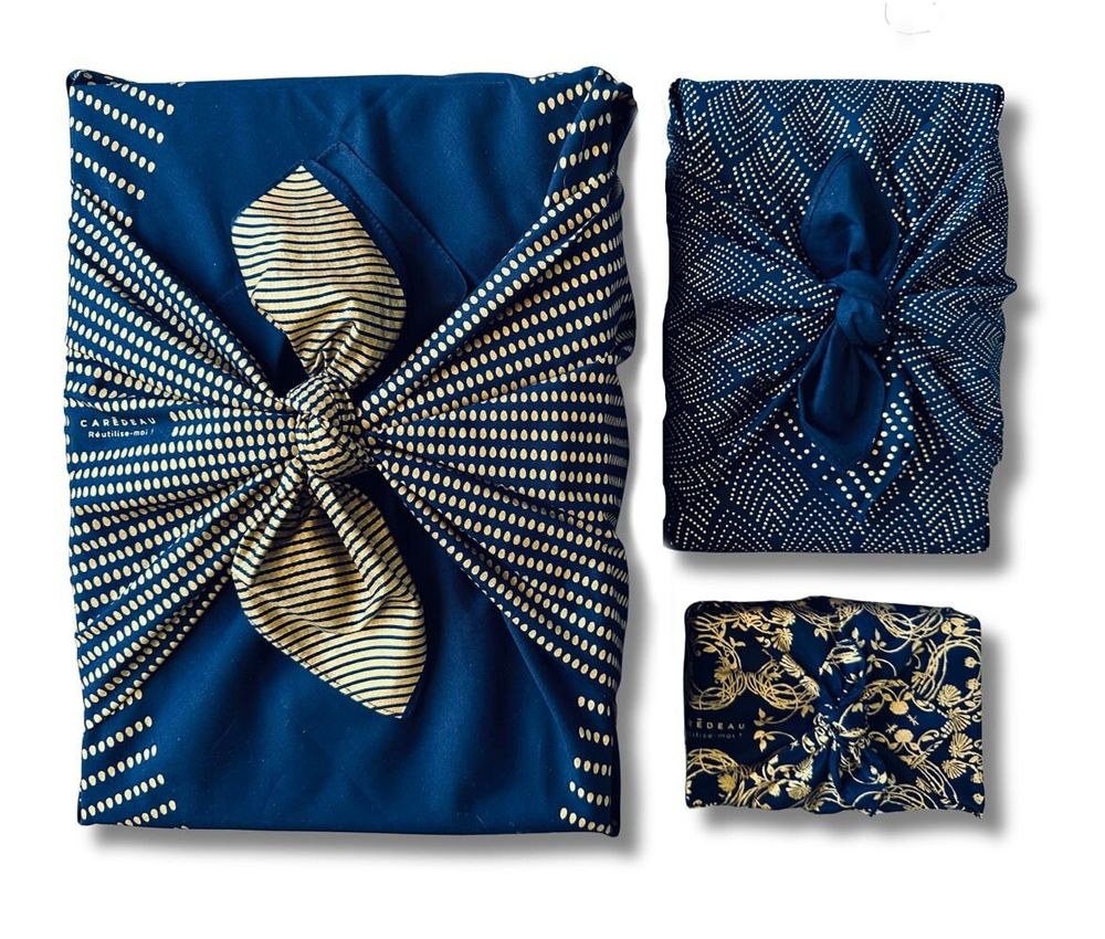 Cadeaux - Papier Cadeau Coton Emballage Furoshiki Recyclé Pack Famille 3-en-1 - CARÉDEAU PAPIER CADEAU RÉUTILISABLE