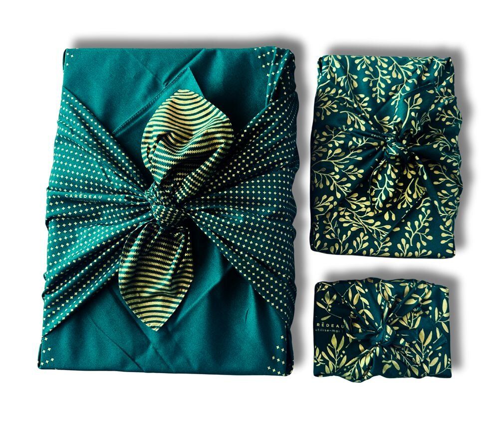 Cadeaux - Papier Cadeau Coton Emballage Furoshiki Recyclé Pack Famille 3-en-1 - CARÉDEAU PAPIER CADEAU RÉUTILISABLE