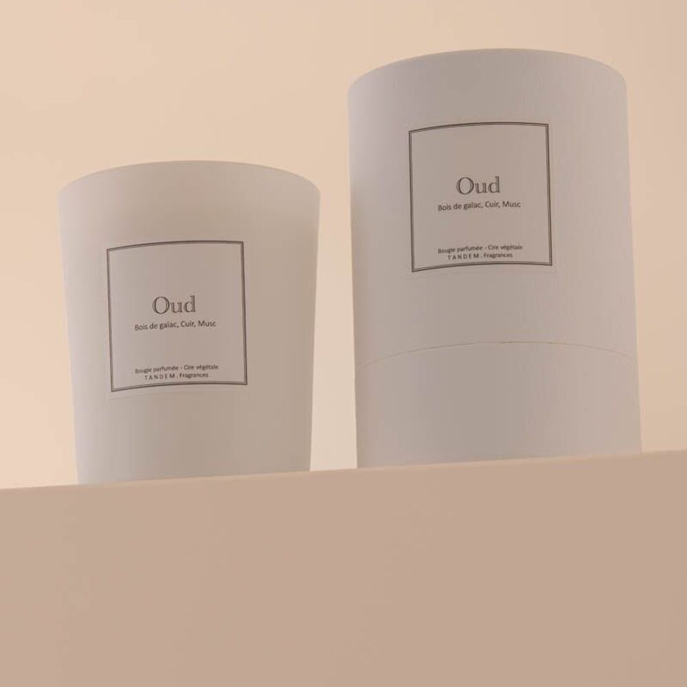 Candles - Oud scented candle white glass 180g - 100% vegetable wax - TANDEM FRAGRANCES