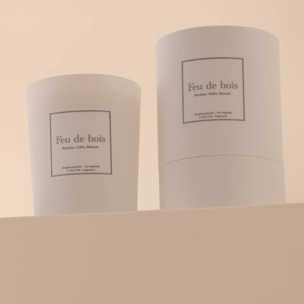 Candles - Wood fire scented candle white glass - 6,40oz 100% vegetable wax - TANDEM FRAGRANCES