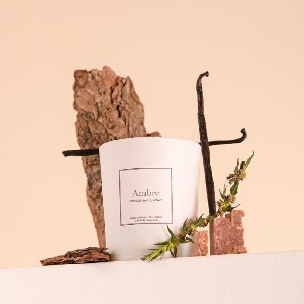 Bougies - Bougie Ambre verre blanc 180g - Cire 100% végétale - TANDEM FRAGRANCES