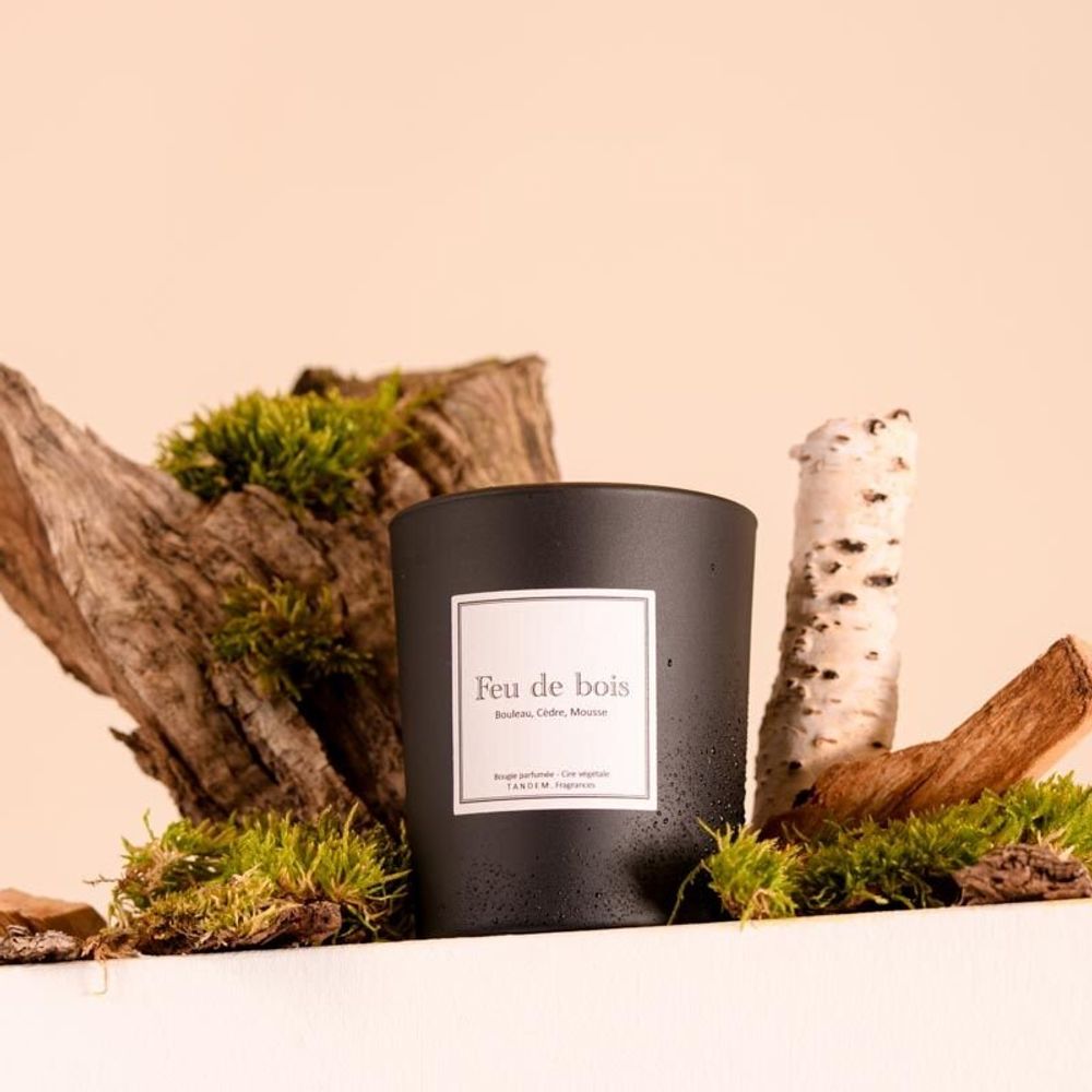 Bougies - Bougie Feu de bois verre noir 180g - Cire 100% végétale - TANDEM FRAGRANCES